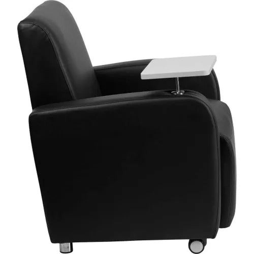 Leather Mobile Guest Chair with Tablet Arm and Cup Holder - Black