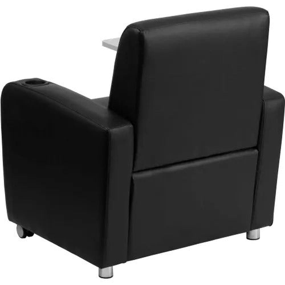 Leather Mobile Guest Chair with Tablet Arm and Cup Holder - Black