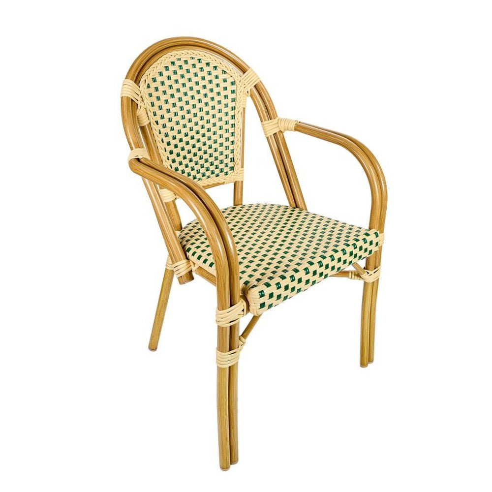 Bistro Patio Dining Arm Chairs With Hand Woven Rattan and Brush Stroke Painted Aluminum Frames