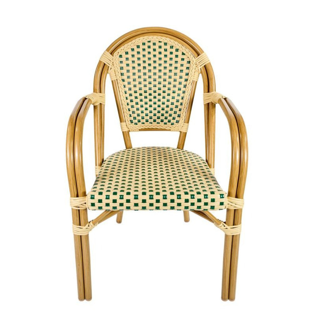 Bistro Patio Dining Arm Chairs With Hand Woven Rattan and Brush Stroke Painted Aluminum Frames