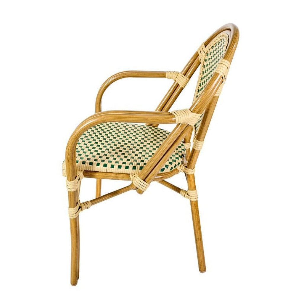 Bistro Patio Dining Arm Chairs With Hand Woven Rattan and Brush Stroke Painted Aluminum Frames