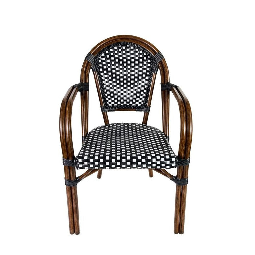 Bistro Patio Dining Arm Chairs With Hand Woven Rattan and Brush Stroke Painted Aluminum Frames