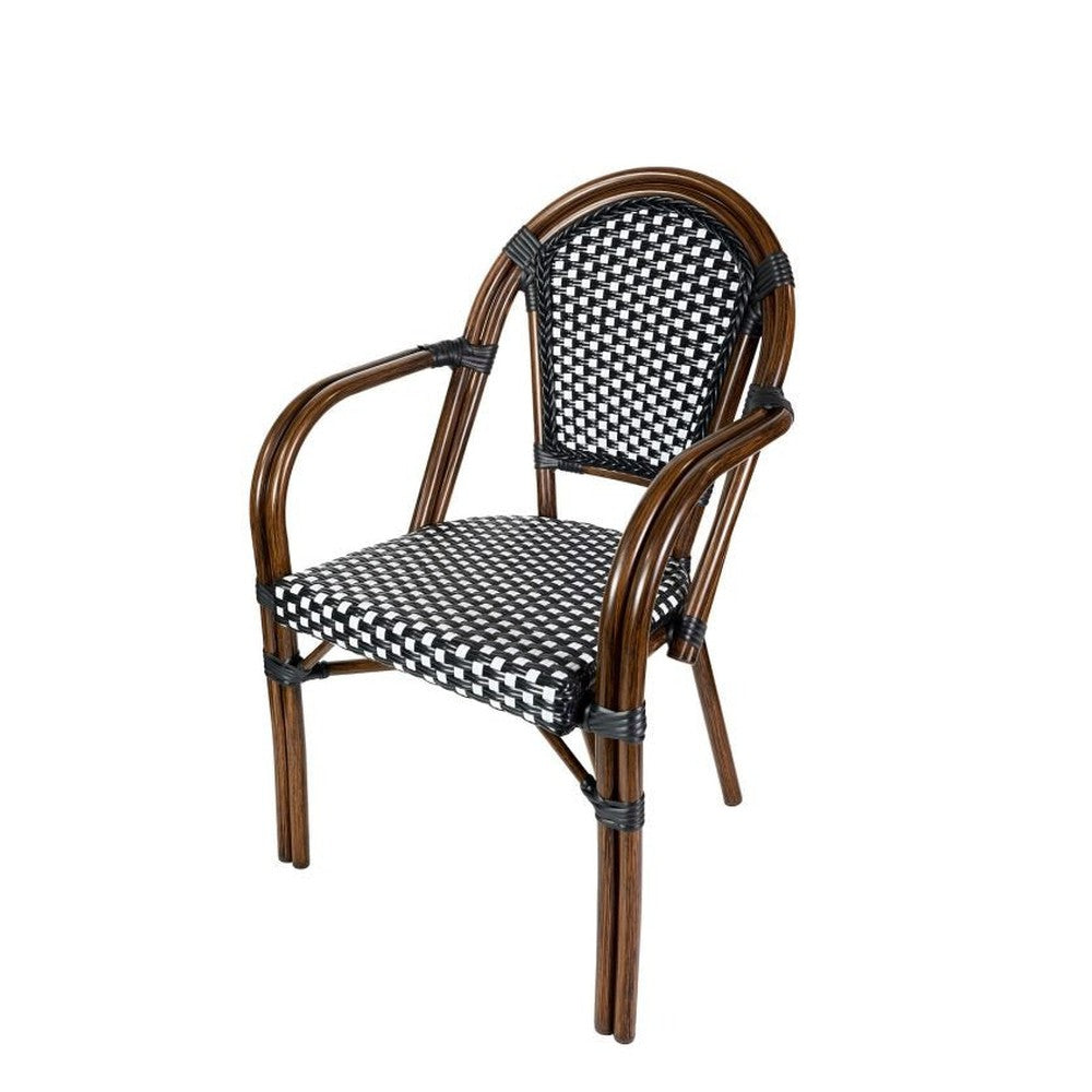 Bistro Patio Dining Arm Chairs With Hand Woven Rattan and Brush Stroke Painted Aluminum Frames