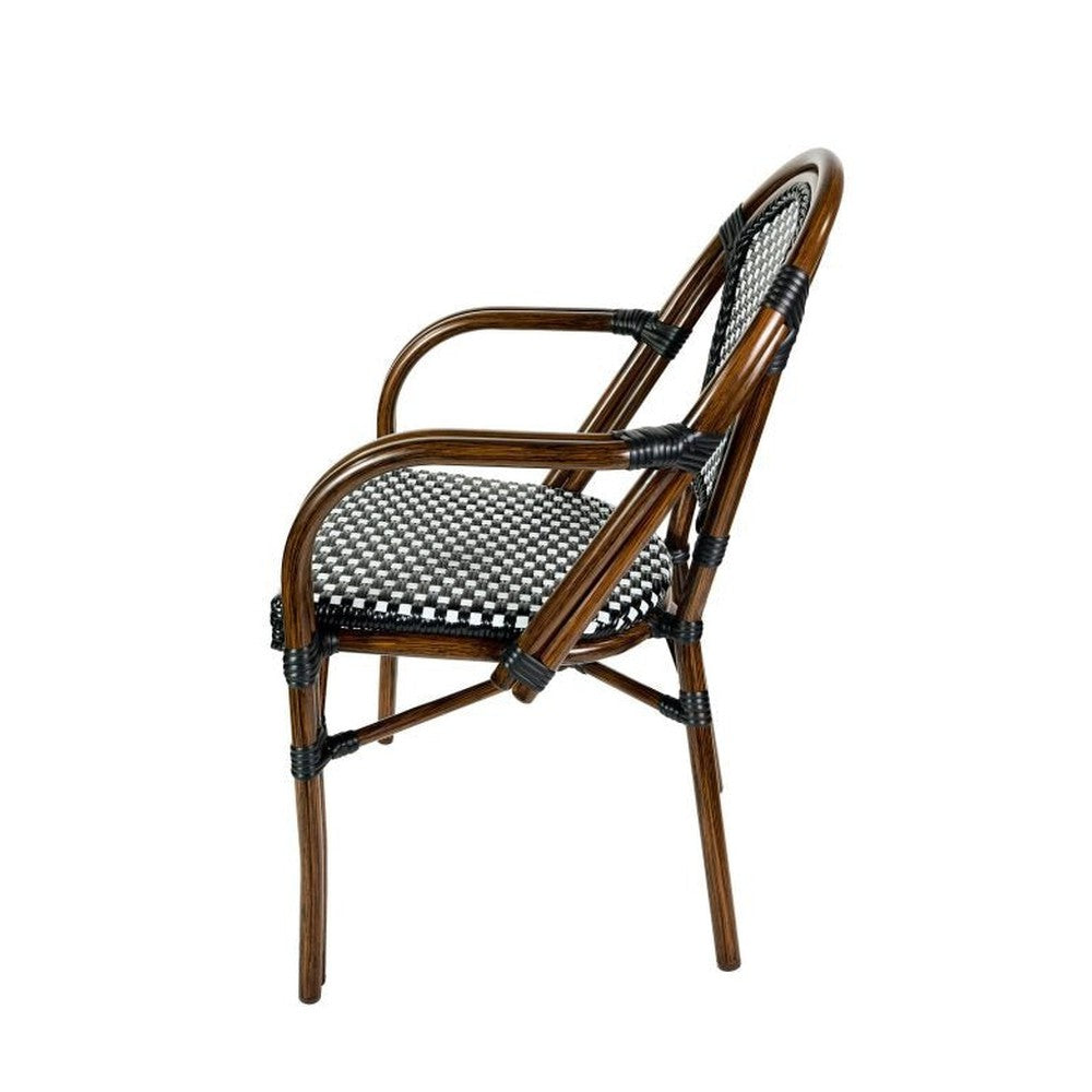 Bistro Patio Dining Arm Chairs With Hand Woven Rattan and Brush Stroke Painted Aluminum Frames