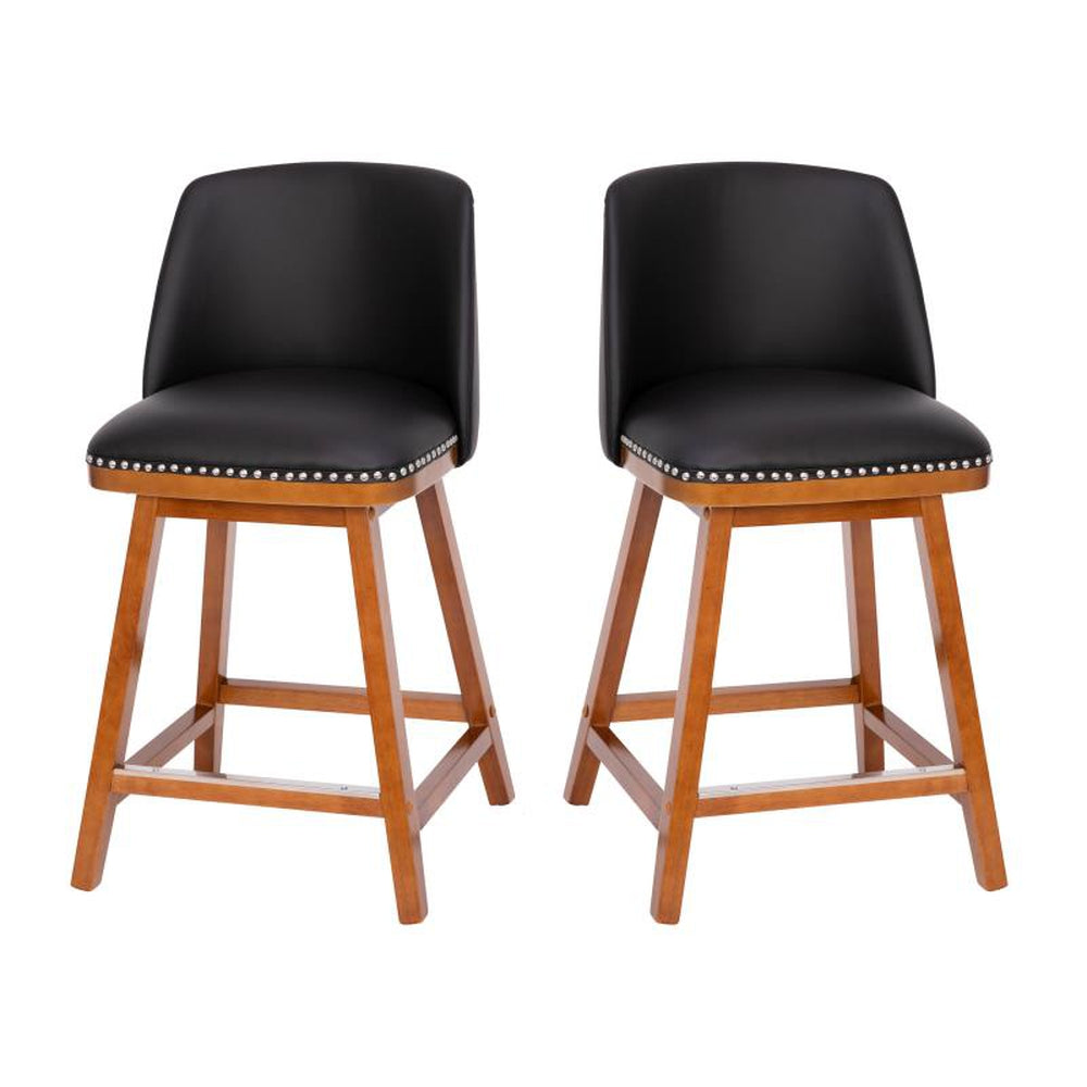 Julia Set of 2 LeatherSoft Upholstered Bar Stools with Silver Nailhead Trim and Walnut Finish