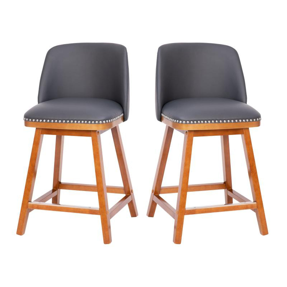 Julia Set of 2 LeatherSoft Upholstered Bar Stools with Silver Nailhead Trim and Walnut Finish