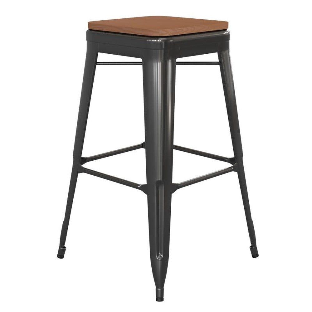 30" High Backless Tolix Outdoor Bar Stool with Square Faux Teak Seat