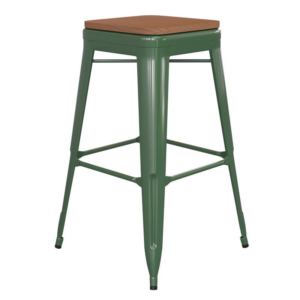 30" High Backless Tolix Outdoor Bar Stool with Square Faux Teak Seat