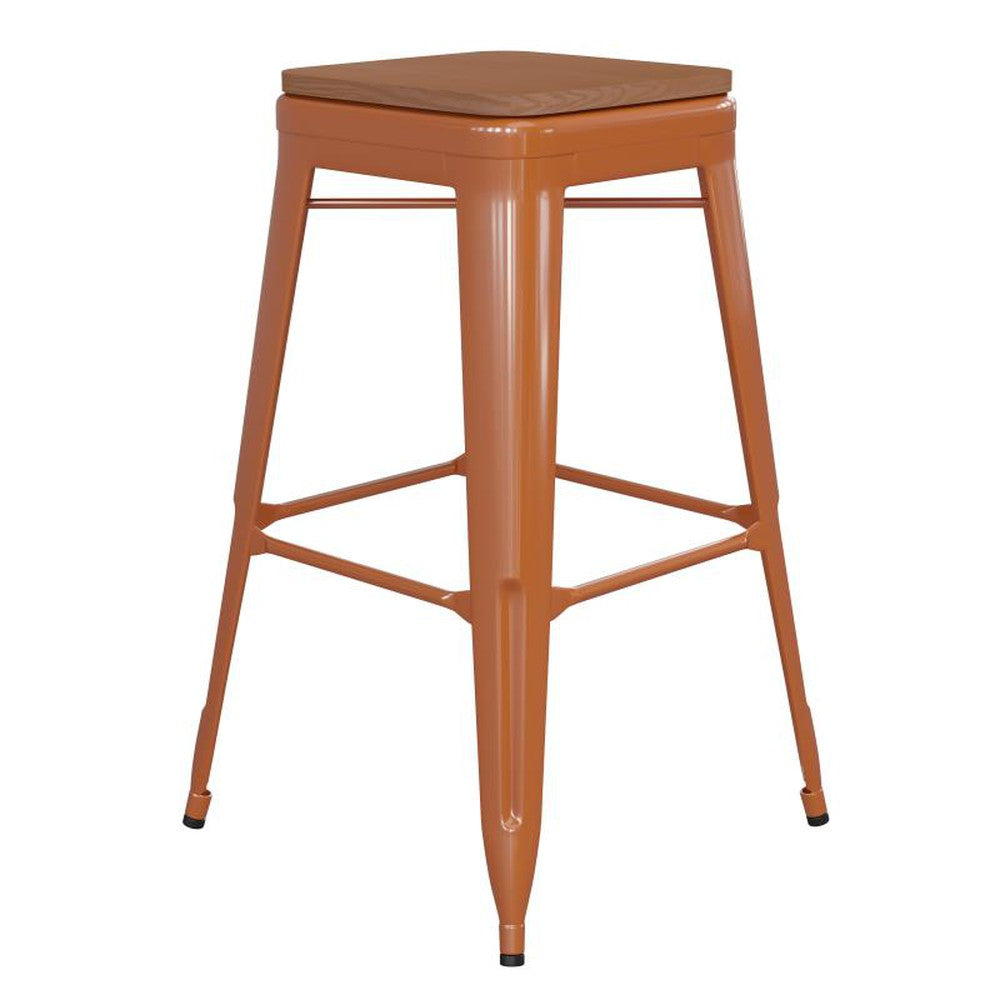 30" High Backless Tolix Outdoor Bar Stool with Square Faux Teak Seat