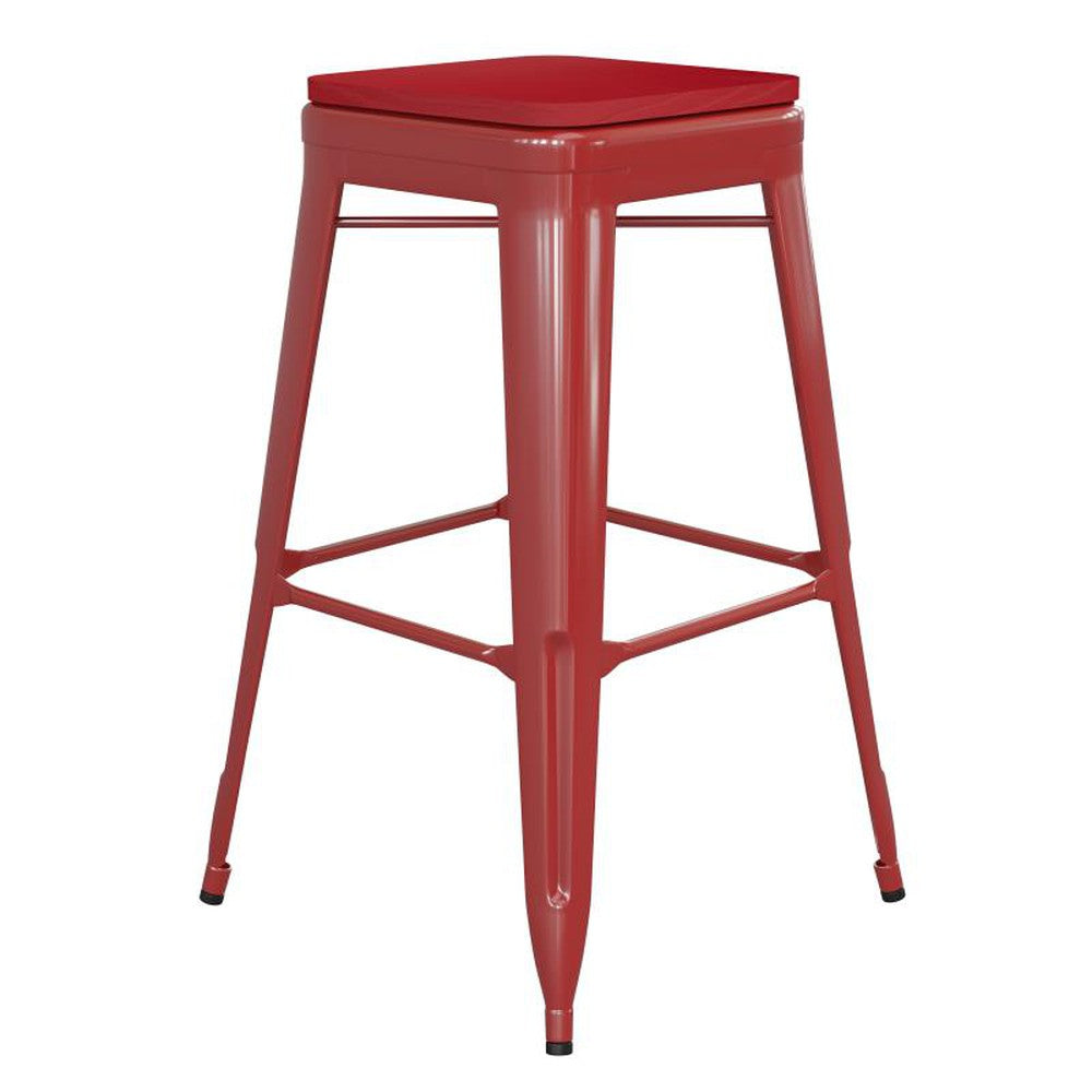 30" High Backless Tolix Outdoor Bar Stool with Square Faux Teak Seat