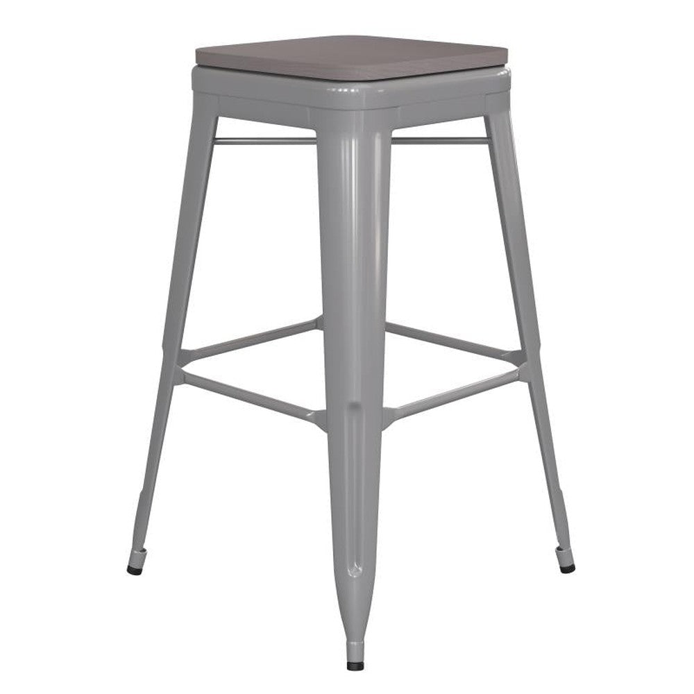 30" High Backless Tolix Outdoor Bar Stool with Square Faux Teak Seat