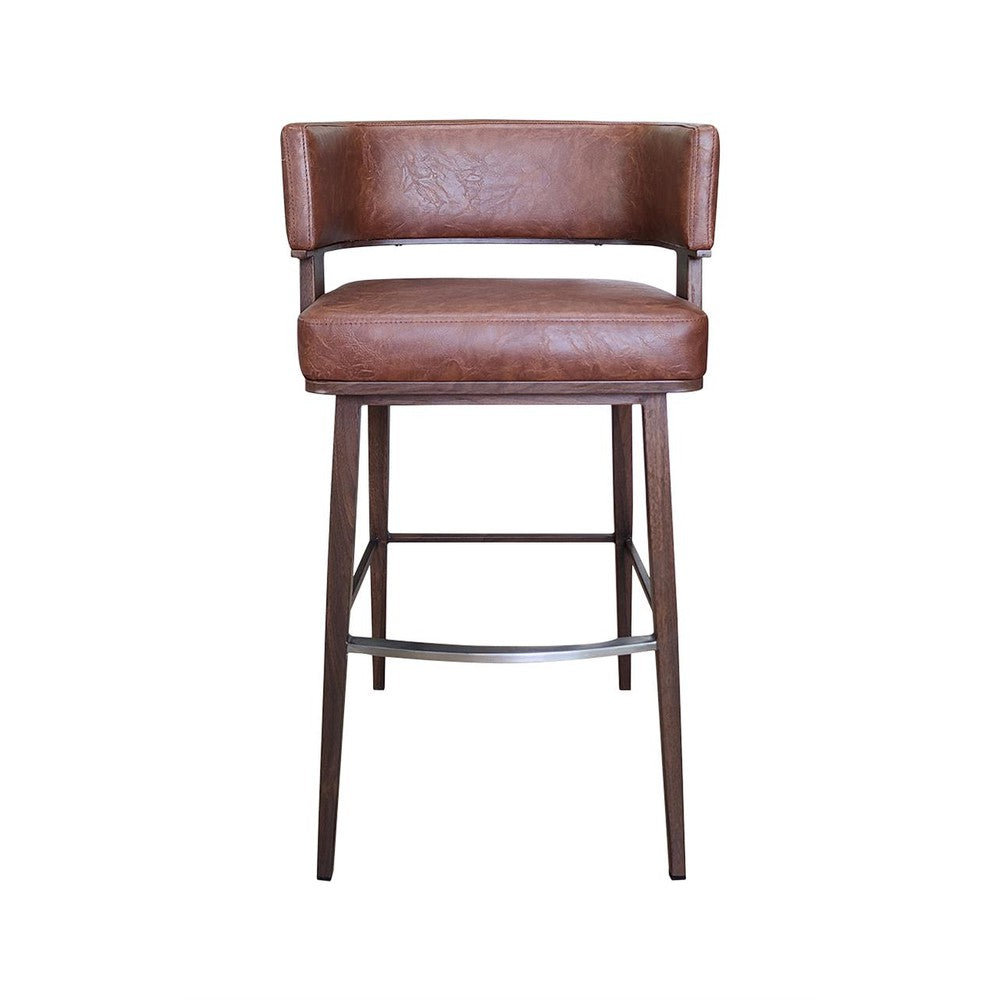 Indoor Open Back Wood Grain Metal Framed Bar Stool with Coffee Colored Vinyl Upholstery