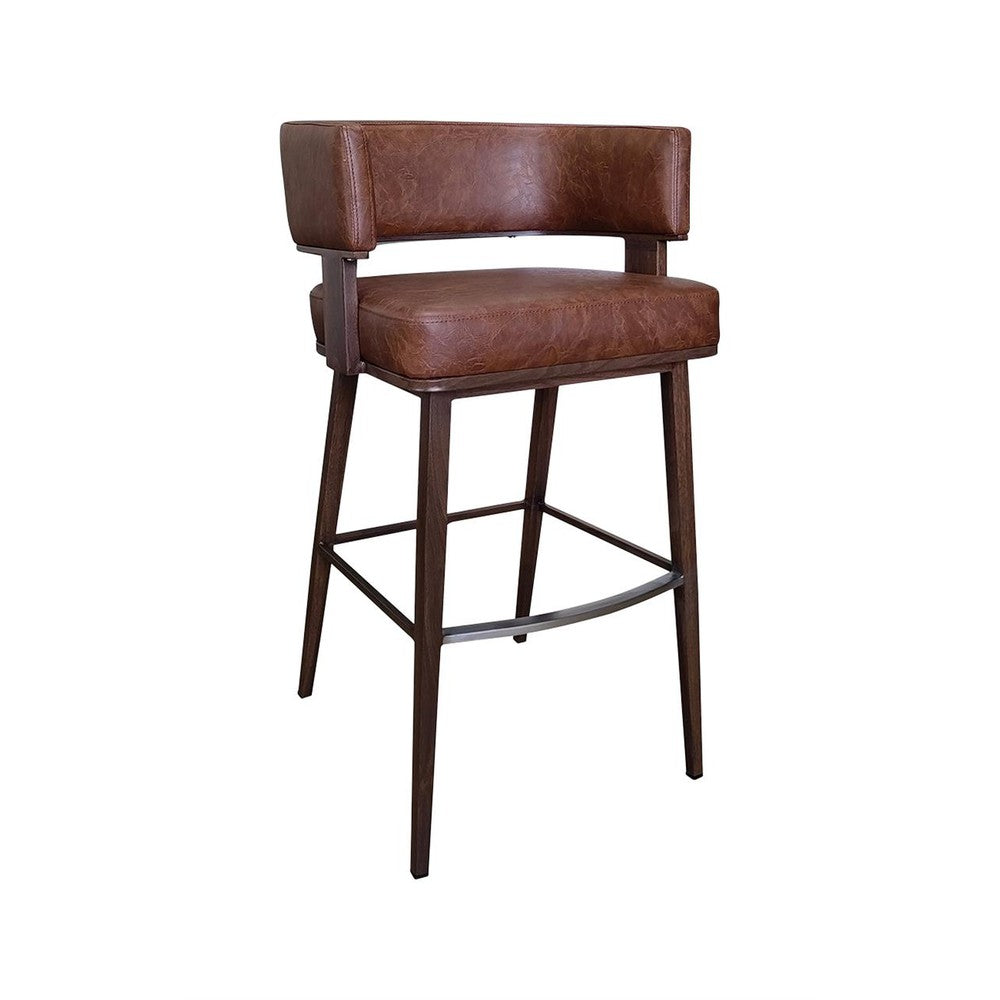 Indoor Open Back Wood Grain Metal Framed Bar Stool with Coffee Colored Vinyl Upholstery