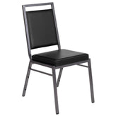 HERCULES Series Square Back Stacking Banquet Chair in Black Vinyl with Silvervein Frame