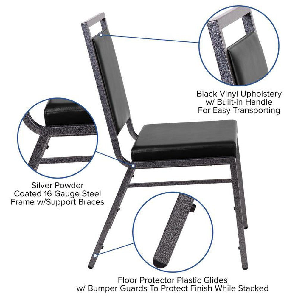 HERCULES Series Square Back Stacking Banquet Chair in Black Vinyl with Silvervein Frame