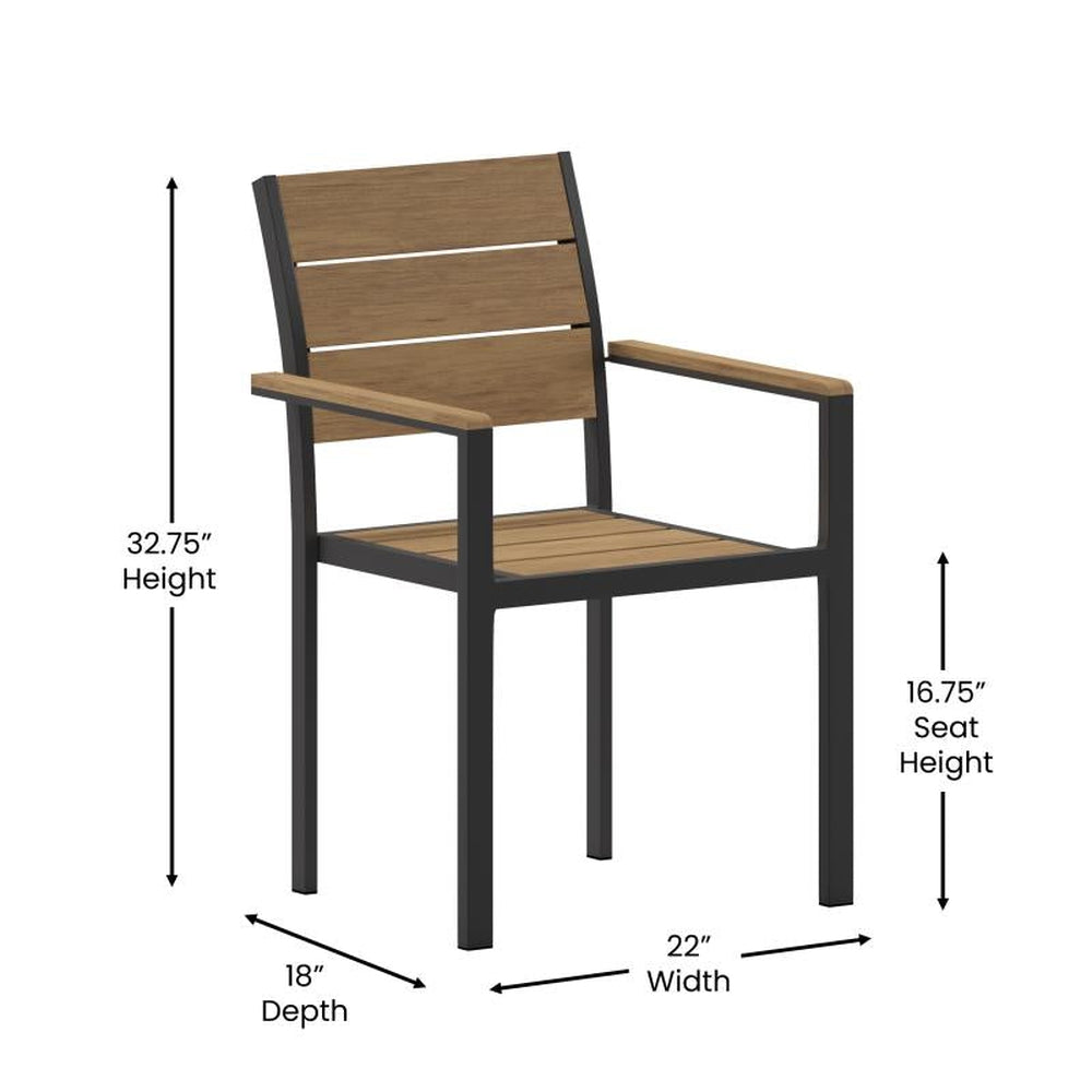 Finch Commercial Grade Stackable Arm Chair with Faux Teak Poly Slats and Metal Frame