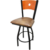 bullseye wood back barstool with black swivel frame