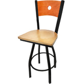 bullseye wood back barstool with black swivel frame