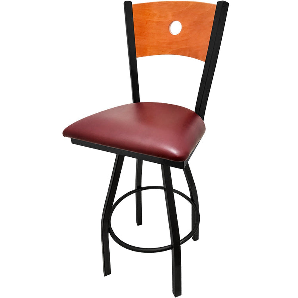 bullseye wood back barstool with black swivel frame