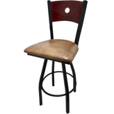 bullseye wood back barstool with black swivel frame