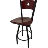 bullseye wood back barstool with black swivel frame