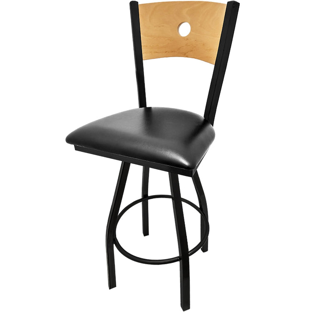 bullseye wood back barstool with black swivel frame