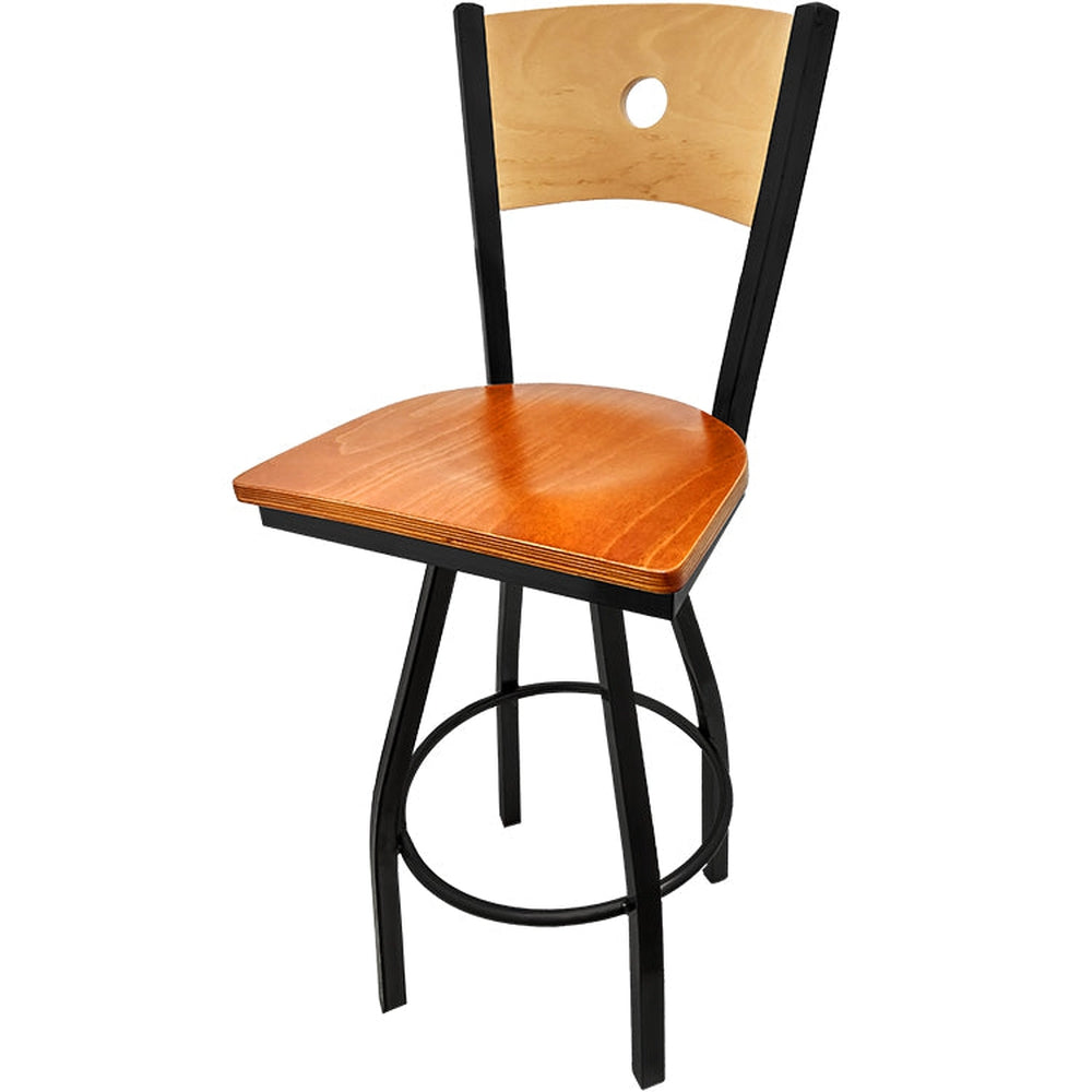 bullseye wood back barstool with black swivel frame