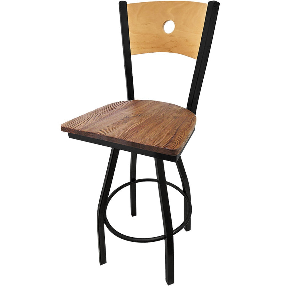 bullseye wood back barstool with black swivel frame