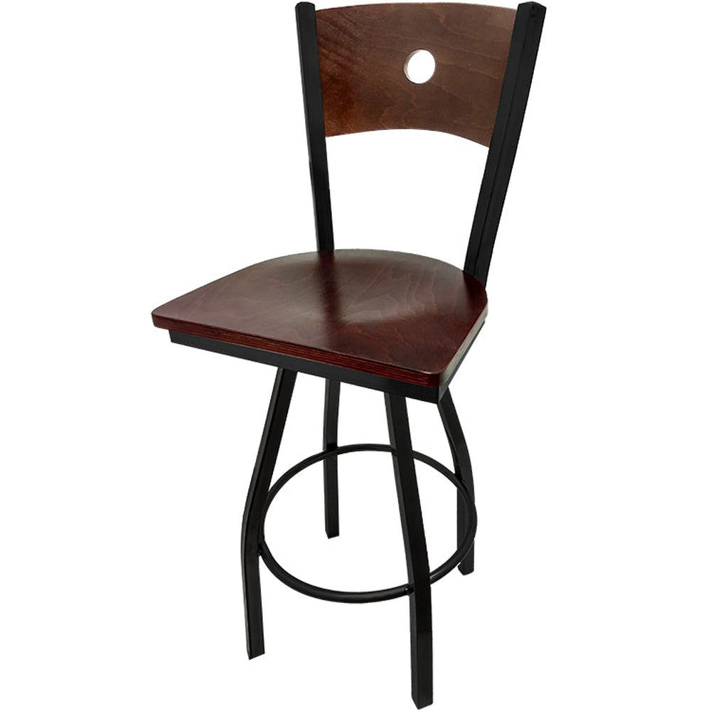 bullseye wood back barstool with black swivel frame