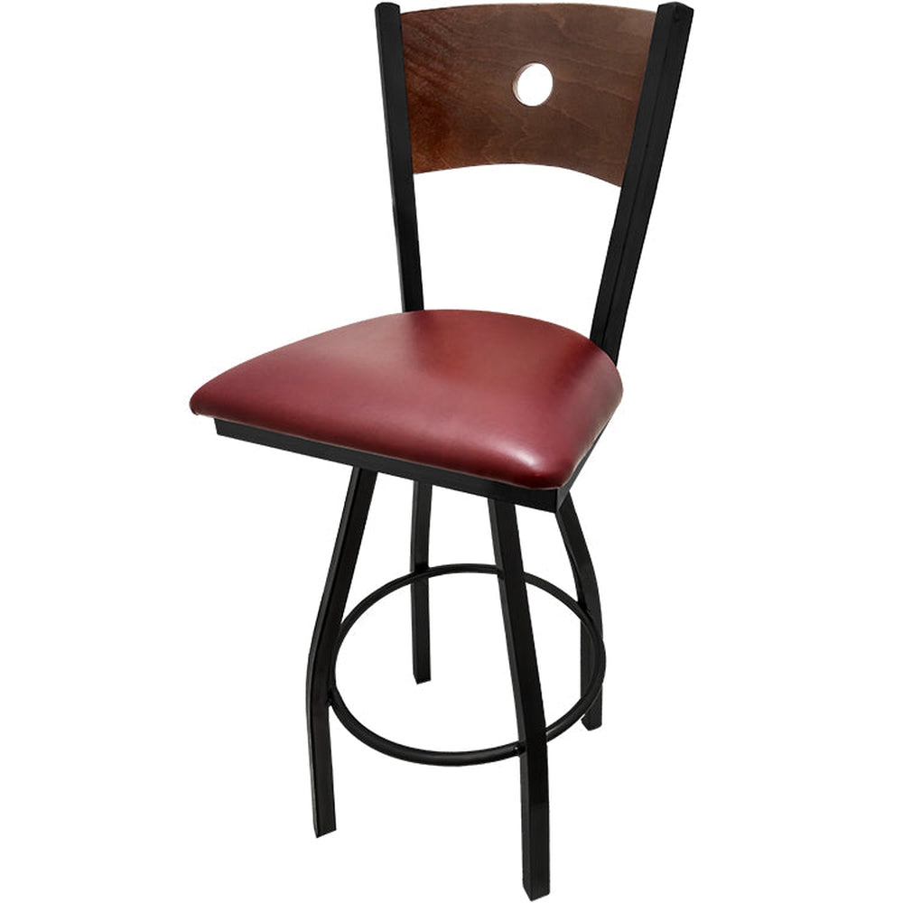 bullseye wood back barstool with black swivel frame