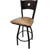 bullseye wood back barstool with black swivel frame