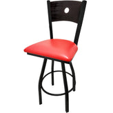 bullseye wood back barstool with black swivel frame