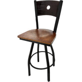 bullseye wood back barstool with black swivel frame