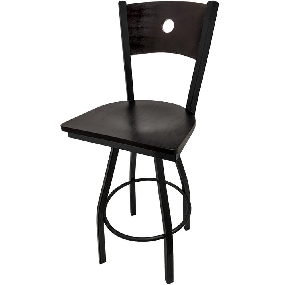 bullseye wood back barstool with black swivel frame