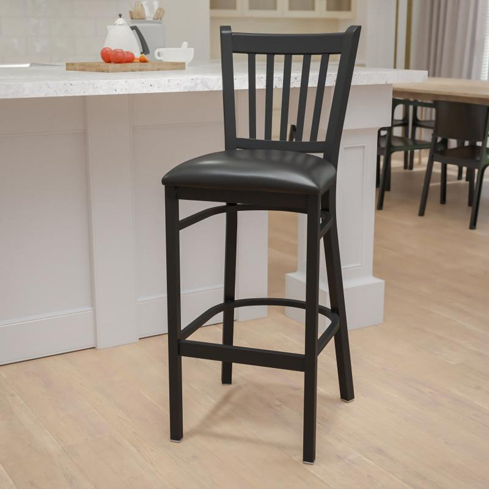 HERCULES Series Black Vertical Back Metal Restaurant Barstool - Black Vinyl Seat