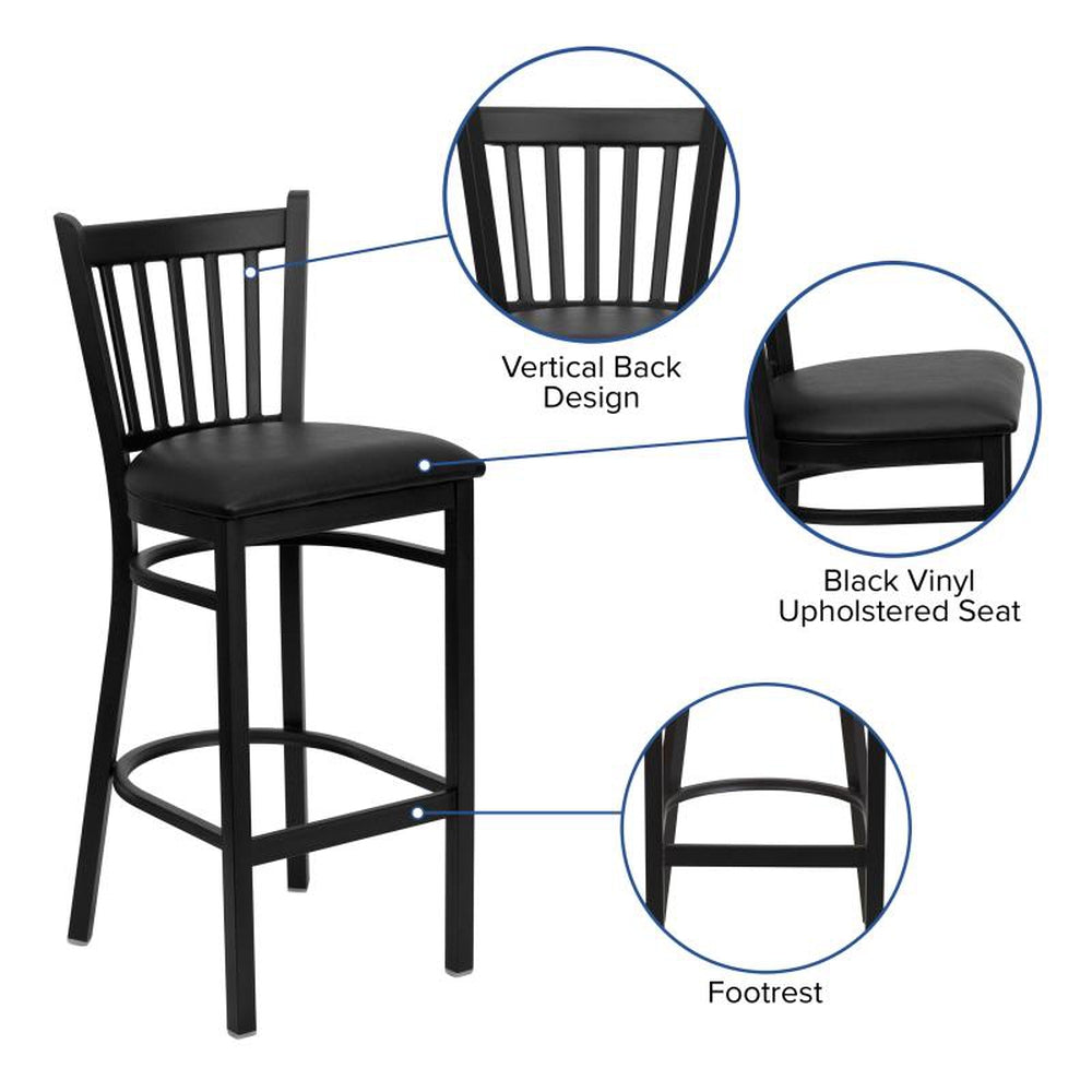 HERCULES Series Black Vertical Back Metal Restaurant Barstool - Black Vinyl Seat