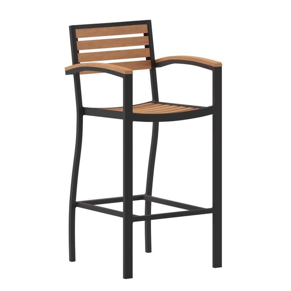 Lark Outdoor Faux Wood Poly Resin Bar Height Stools with Arms