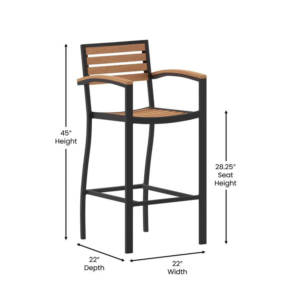 Lark Outdoor Faux Wood Poly Resin Bar Height Stools with Arms