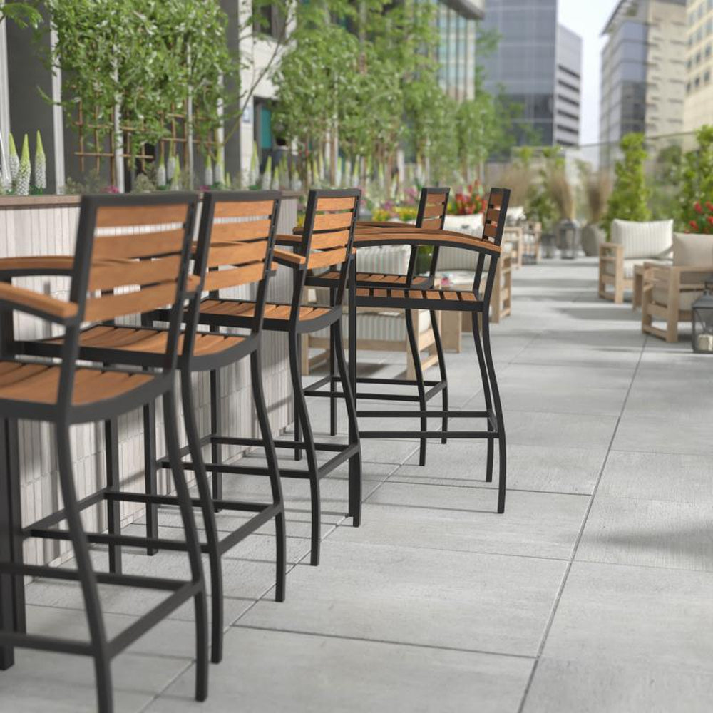 Lark Outdoor Faux Wood Poly Resin Bar Height Stools with Arms