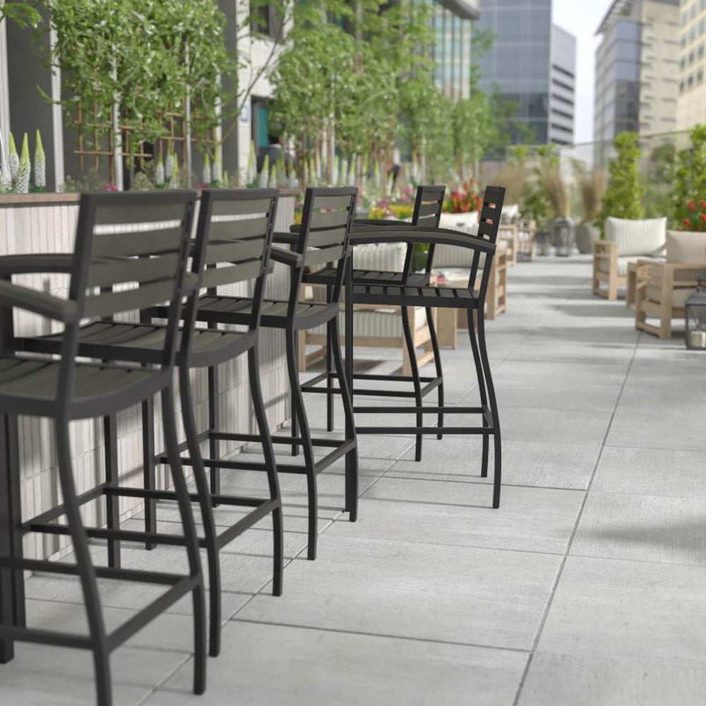 Lark Outdoor Faux Wood Poly Resin Bar Height Stools with Arms