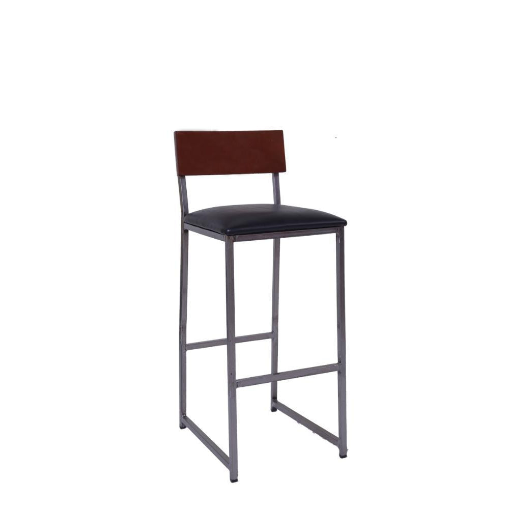 clear coat metal barstool with walnut color beechwood back black vinyl seat