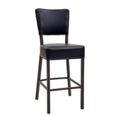 brown metal barstool with black vinyl back seat