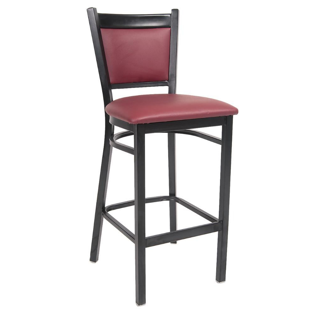 black metal barstool with burgundy vinyl back seat