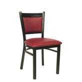 black metal chair with burgundy vinyl back seat