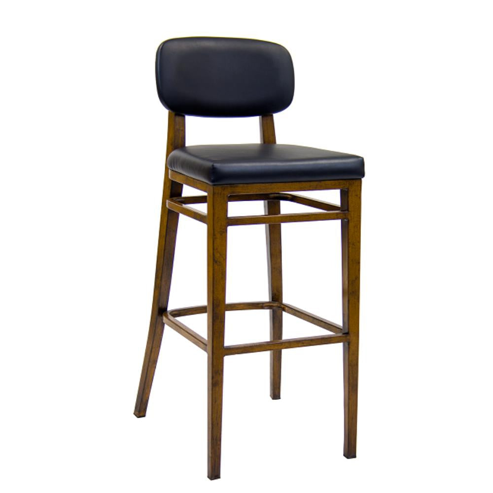 indoor wood grain metal barstool with black vinyl seat and back