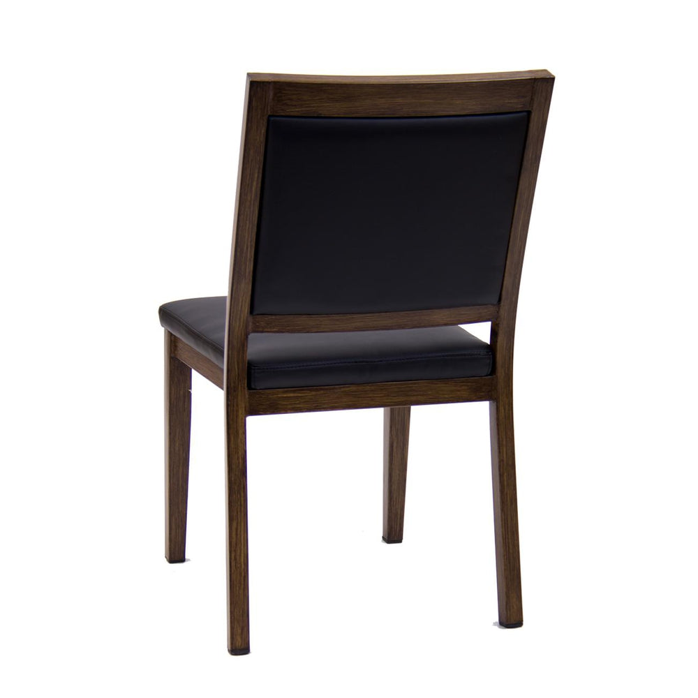 Wood Grain Metal Chair In Walnut Finish, Black Vinyl Seat And Back