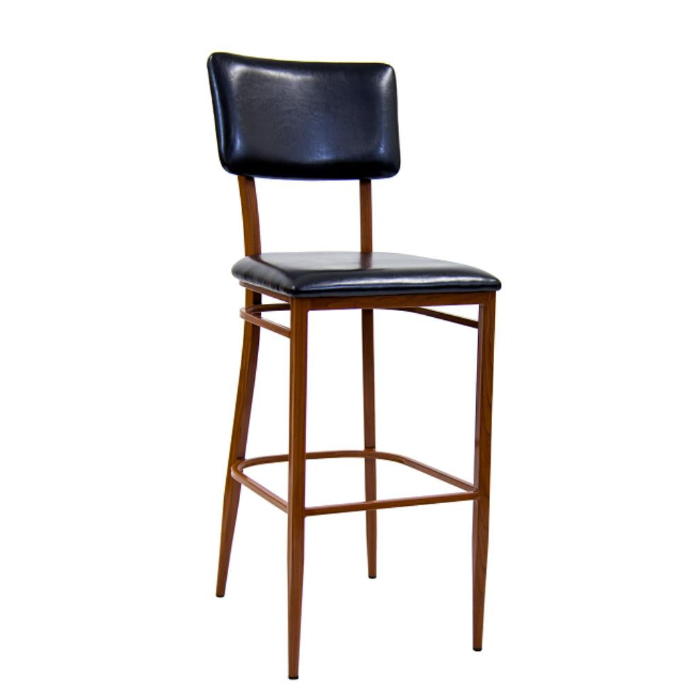 indoor metal barstool in mahogany finish with black vinyl seat back