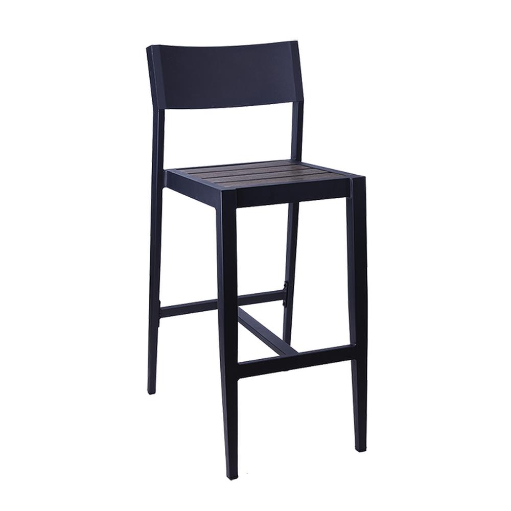 Aluminum Outdoor Bar Stool with Dark Brown Imitation Teak Slat Seat