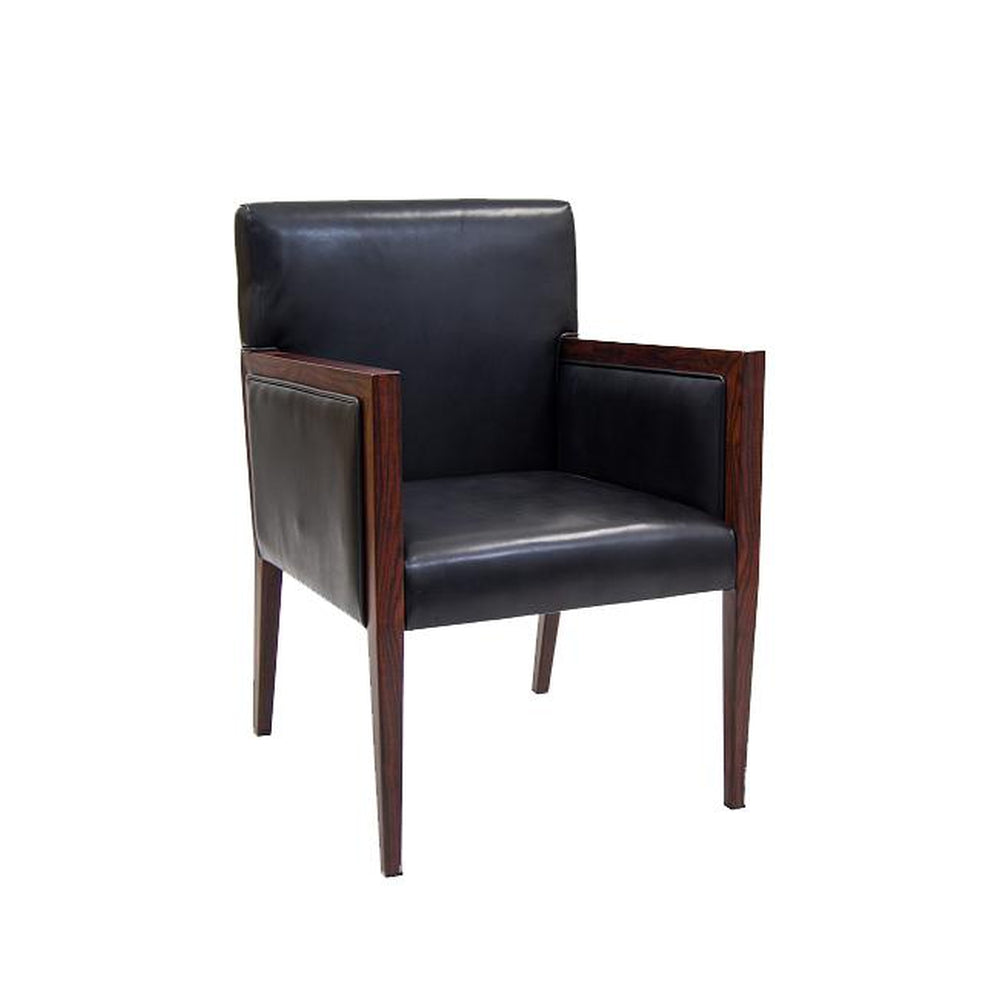 Lounge Chair in Black Vinyl with Wood Grain Metal Frame