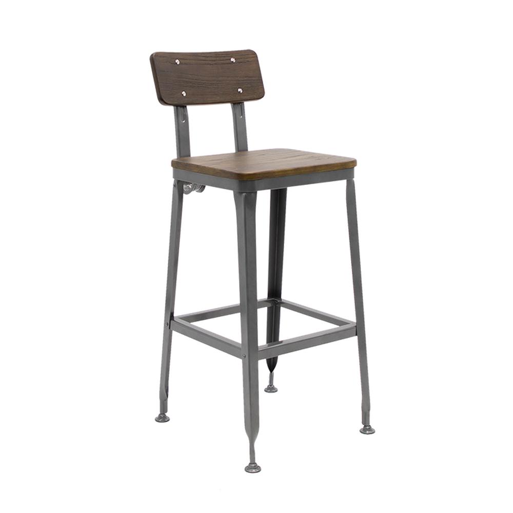 Gunmetal Steel Industrial Bar Stool with Elmwood Back and Seat in Walnut Finish